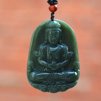 Természetes, Sötét Zöld Nephrite Buddha Medál 3D Faragott Guanyin Bódhiszattva Védőszentje Medál Nyaklánc Férfi Jade Ékszerek