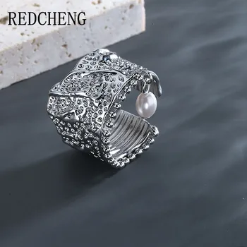 REDCHENG 925 Sterling Ezüst Gyöngy Tassel Nyitó Gyűrűk Nők Kreatív Láva Textúra Szabálytalan Minta Parti Ékszer Ajándék