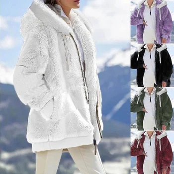 Téli Női egyszínű Meleg Plüss Kabát Laza Cipzáras Kapucnis Kabát