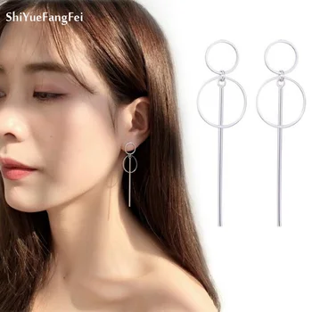 Méret Kör Hosszú Fülbevaló koreai Stílus Női Egyszerű Geometriai ezüst színű Fülbevaló Női Divat Elég Ékszerek