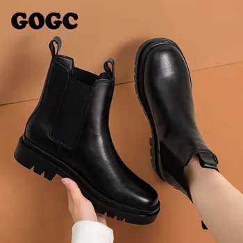 GOGC Chelsea Boots Vaskos Csizma Női Téli Cipő, Marhabőr Plüss Boka Csizma Fekete Női Őszi Divat Platform Csizma G9019