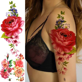 Akvarell pünkösdi Rózsa Virág Ideiglenes Tetoválás A Nők, Lányok 3D Szellőrózsa Dahlia Rózsa Tetoválás Matrica Hamis Szexi Test Tetoválás Fél Hüvely
