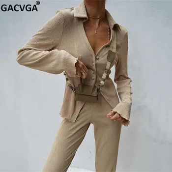 GACVGA Alkalmi Szilárd Két Darab Beállítja a Nők Hosszú Ujjú Gombok Felső Vékony Flare Nadrág Ruhák, Női Divat együttesének Streetwear