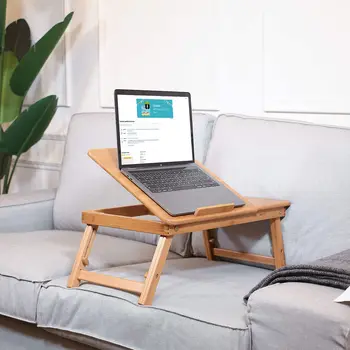 Homfa Bambusz Laptop Asztal Állítható Összecsukható Sugárzó Táblázat 5 Szint Tálcára, a Fiókban 4