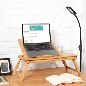 Homfa Bambusz Laptop Asztal Állítható Összecsukható Sugárzó Táblázat 5 Szint Tálcára, a Fiókban 5