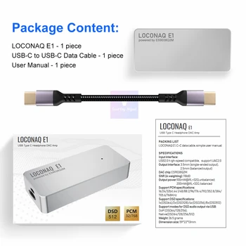 LOCONAQ E1 USB C Típusú Fejhallgató Erősítő DAC Digitális Audio Adapter HPA ES9038Q2M 3,5 mm-es, SE a 100 mw-ot, 2,5 mm-es szimmetrikus Kimenet 200mW Erősítő 5